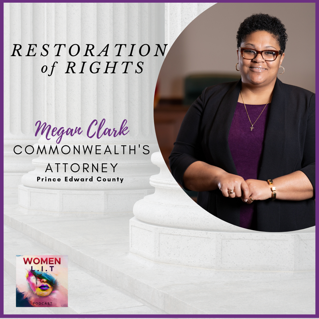 Women L.I.T podcast cover with Attorney Megan Clark. Text: Restoration of Rights